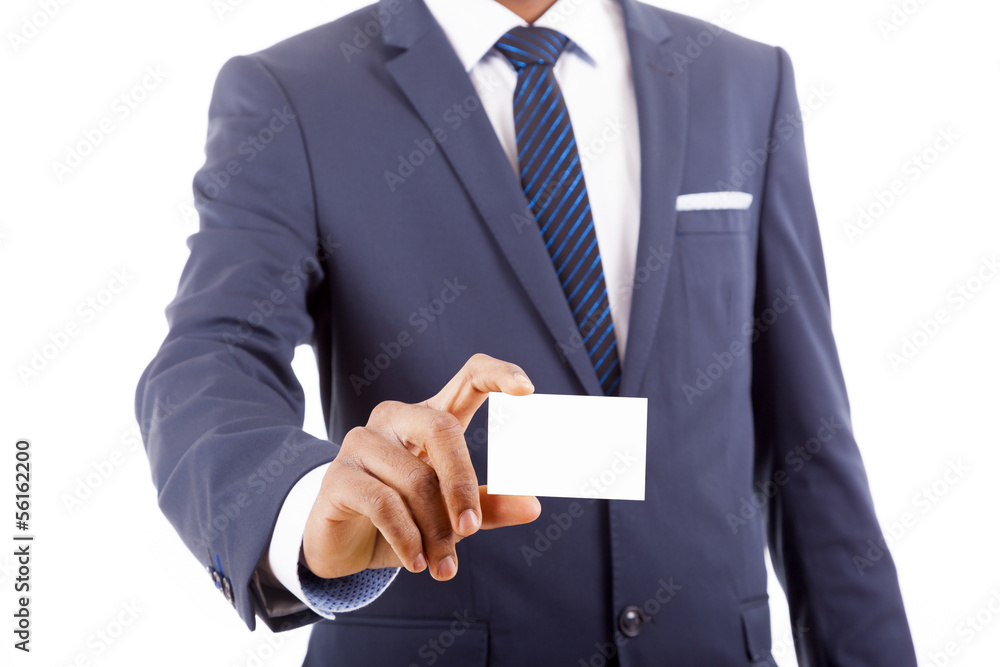 Businessman showing business card - closeup shot on white backgr Businessman showing business card - closeup shot on white backgr
