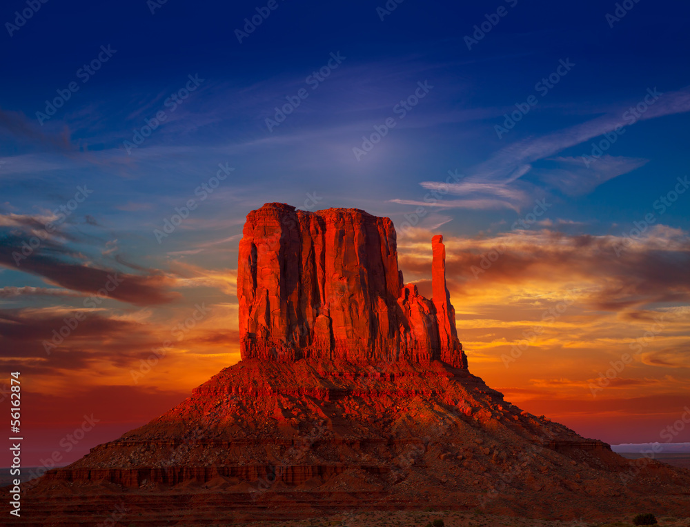 Monument Valley West Mitten at sunset sky