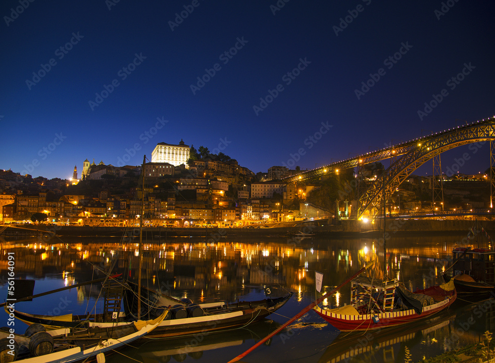 old town river area of porto in portugal at night