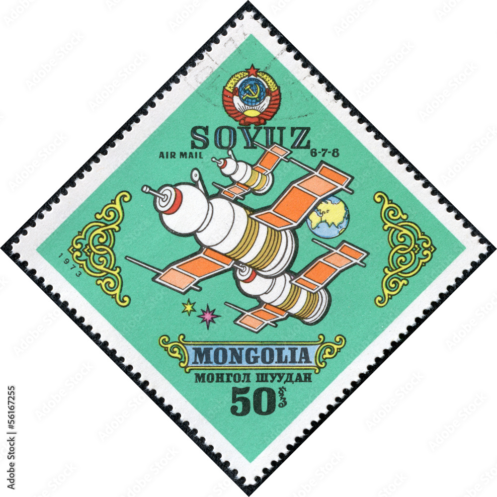 stamp printed by Mongolia shows Soyuz 6-7-8