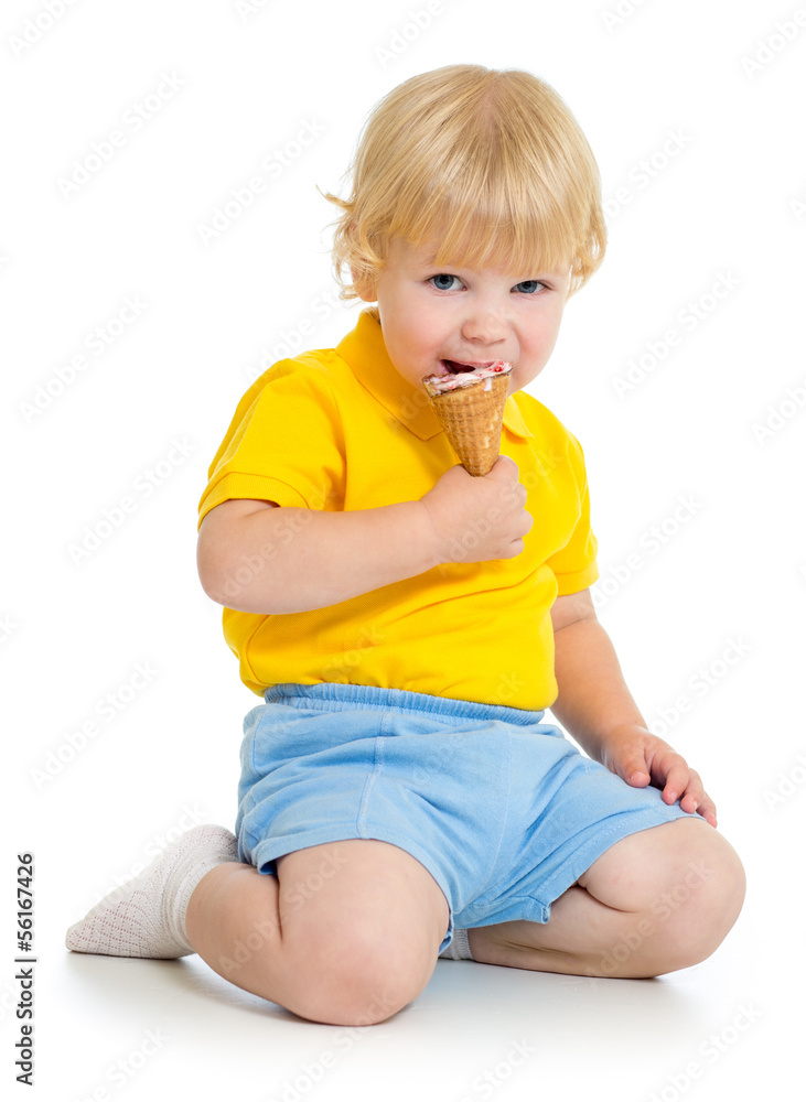 Kid boy eating ice cream isolated on white Kid boy eating ice cream isolated on white
