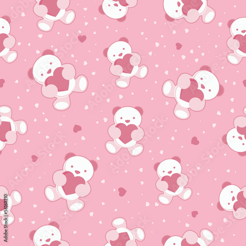 Seamless Pink Baby Background with teddy bear and hearts.