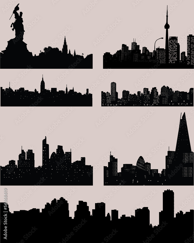 Set of city black silhouettes, vector illustration