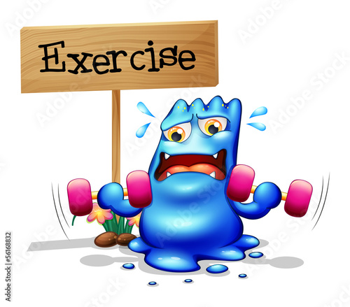 A monster exercising in front of the signboard