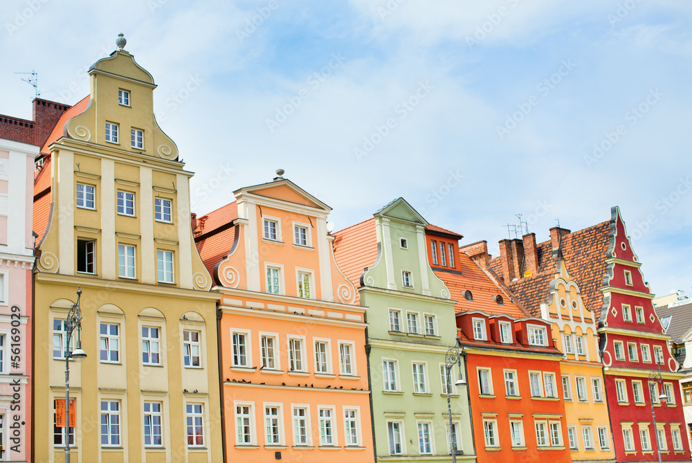 Beautiful facades of buildings in Wroclaw