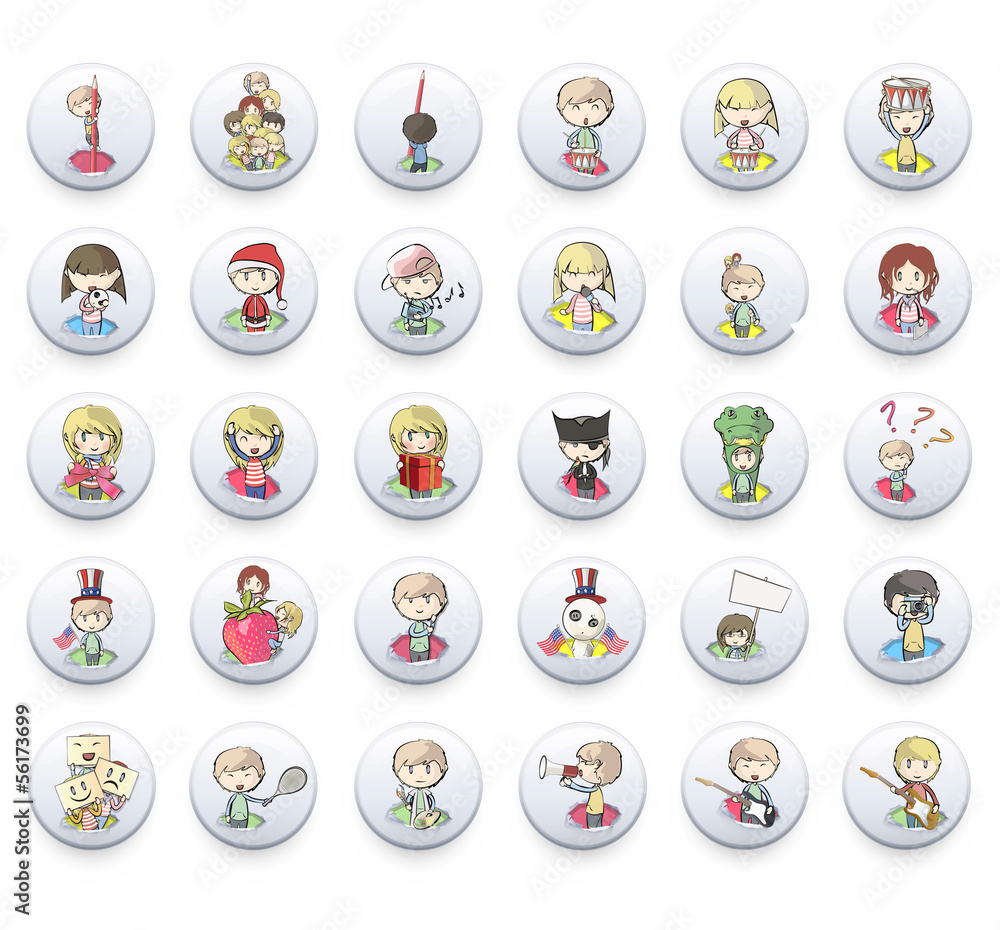 Set of kids printed on button. Set of kids printed on button.