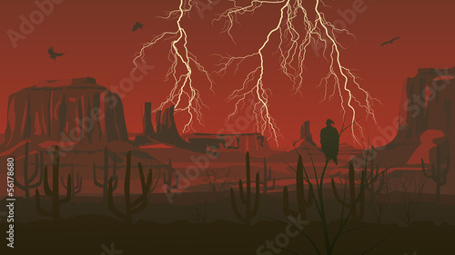 Horizontal illustration of prairie wild west with thunderstorm l
