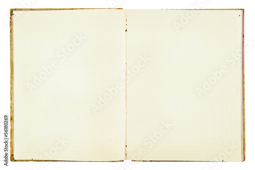 open old squared exercise book on white background photo