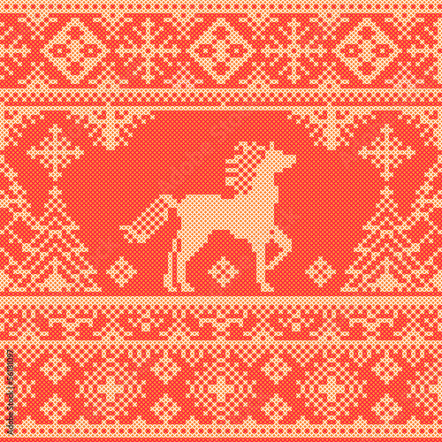 Seamless traditional red Christmas pattern with horse and trees
