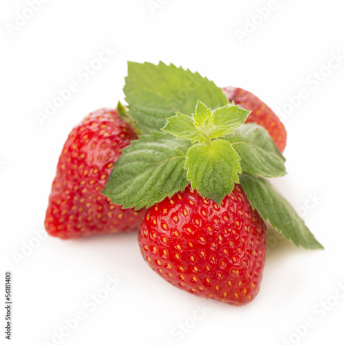 Fresh strawberry, mint sheets isolated on white background