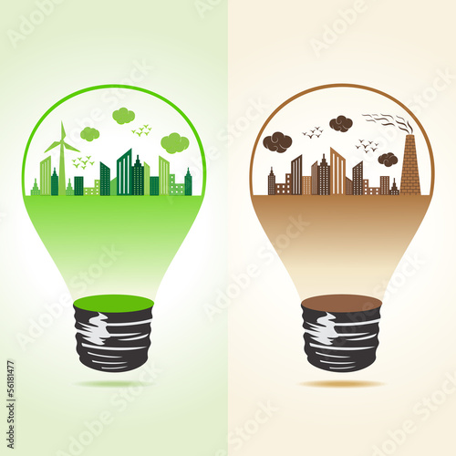 Eco and polluted cityscape in bulb stock vector