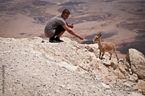 Mountain goat and teenager .
