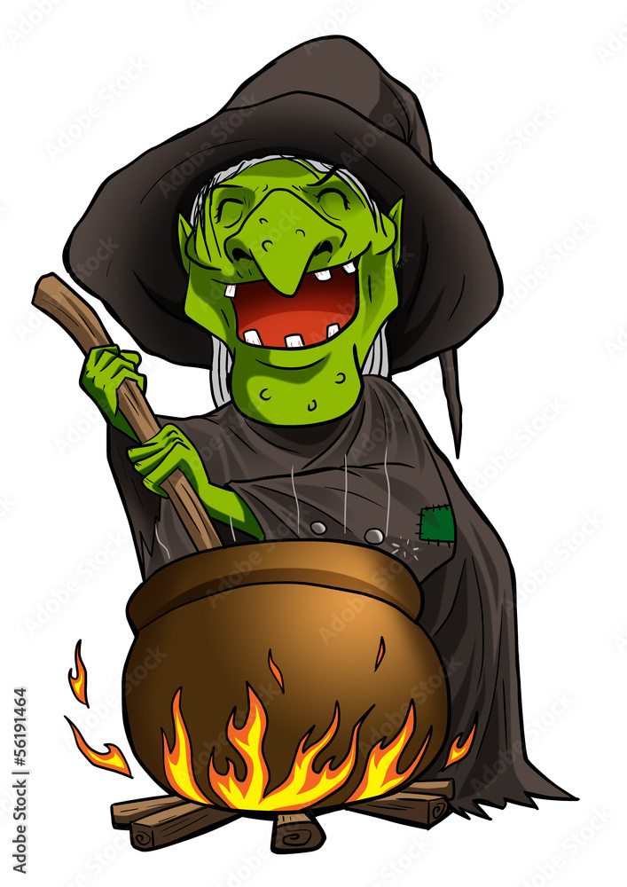 Cartoon of a witch stirring concoction in the cauldron Stock
