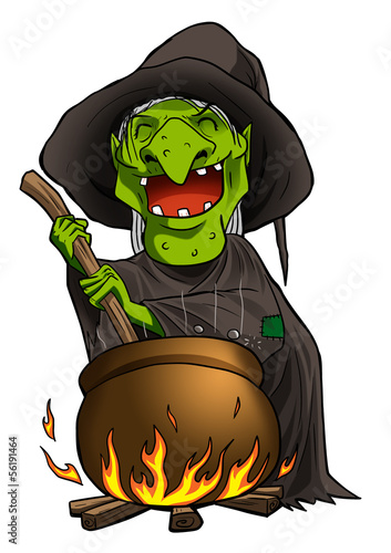 Fotografie, Obraz Cartoon of a witch stirring concoction in the cauldron
