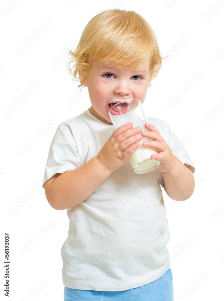 Child drinking dairy product from glass isolated on white Child drinking dairy product from glass isolated on white