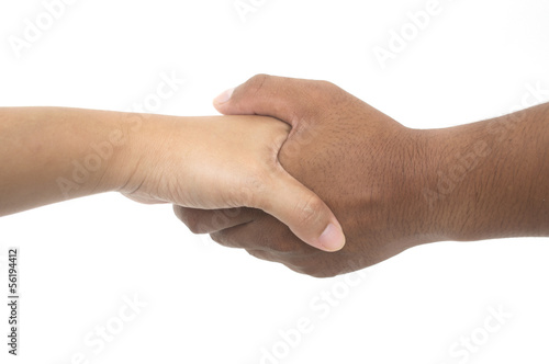 man and woman shaking hands, isolated on white