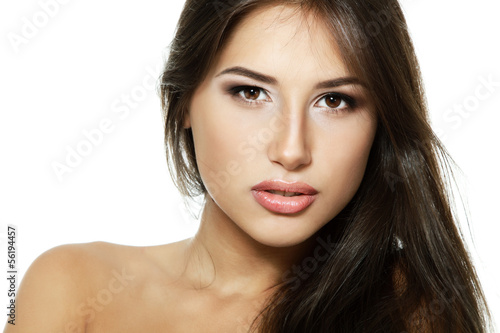 Beauty portrait of beautiful young fresh woman and long brown ha