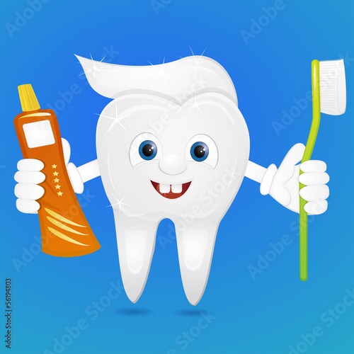 Cartoon teeth with brush and toothpaste