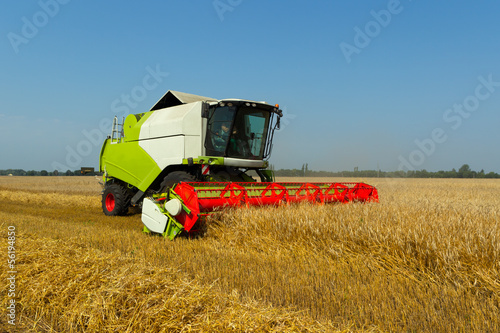 a combine harvester in a golden wheat field