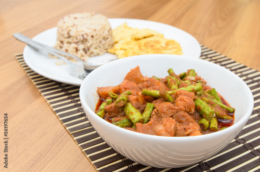 Extremely hot stir fried string bean with pork have rice and ome Extremely hot stir fried string bean with pork have rice and ome