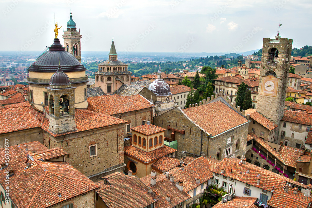 View of the upper city center of Bergamo, Lombardy, Italy