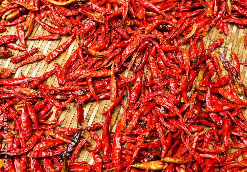 Red Chili peppers on basket Red Chili peppers on basket