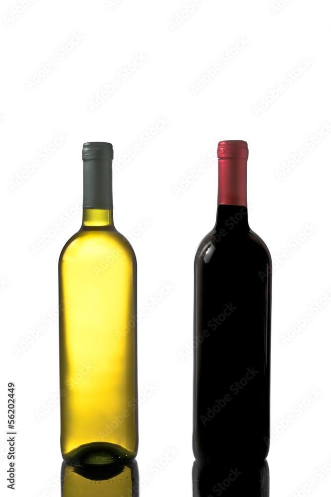 red and white wine bottles with reflection red and white wine bottles with reflection