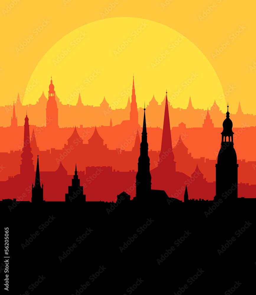 City landscape vector background in evening sunset