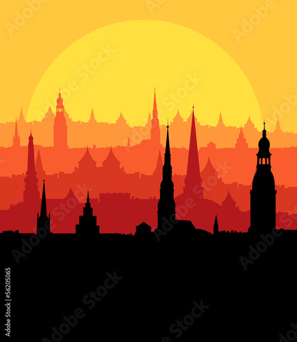 City landscape vector background in evening sunset