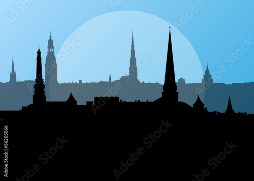 City landscape vector background in evening sunset