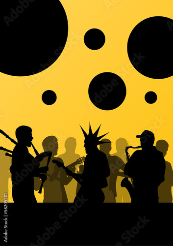 Rock concert various musicians landscape background illustration