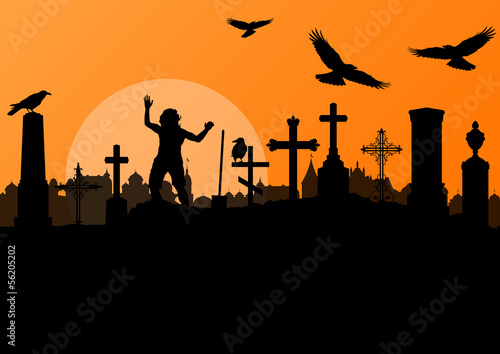 Halloween spooky graveyard, cemetery vintage background with gra