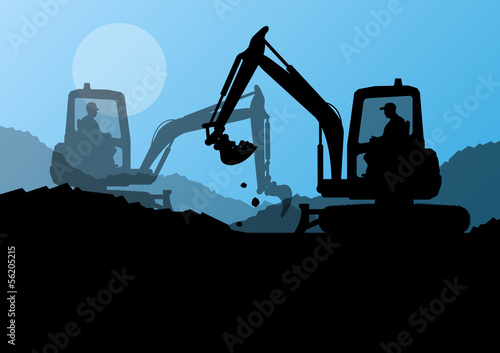 Excavator loaders and workers digging at construction site with