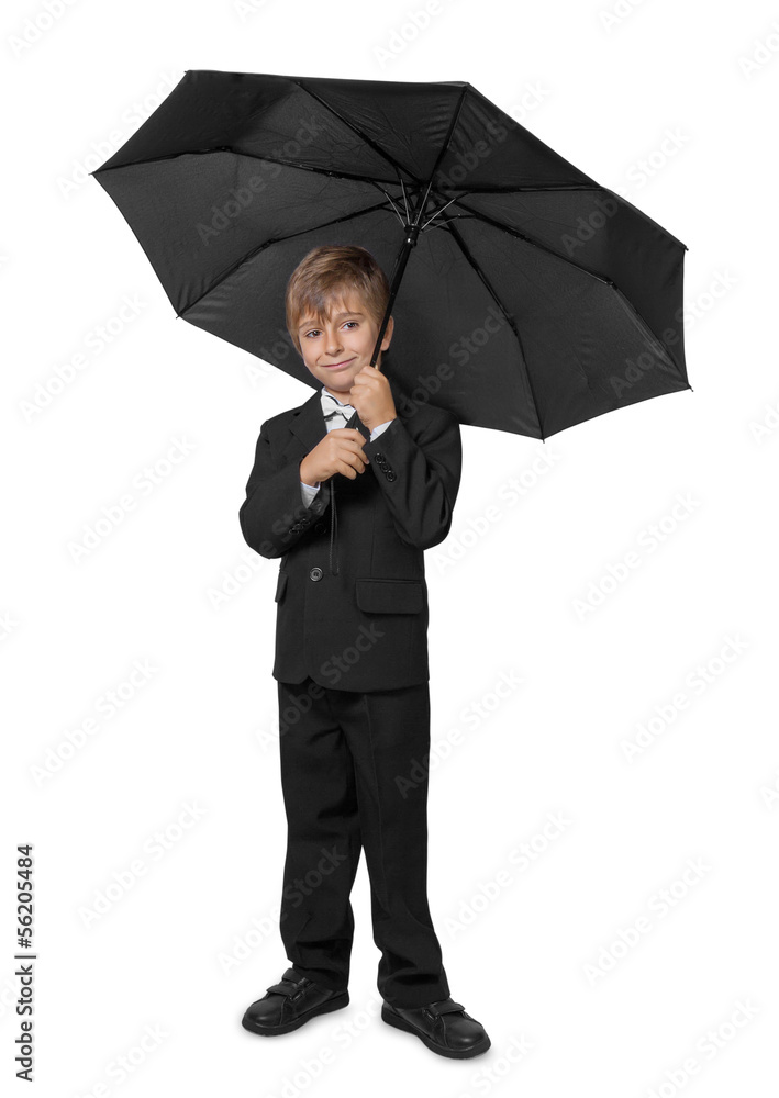 Boy in a tuxedo, under an umbrella. Isolate on white background. Boy in a tuxedo, under an umbrella. Isolate on white background.