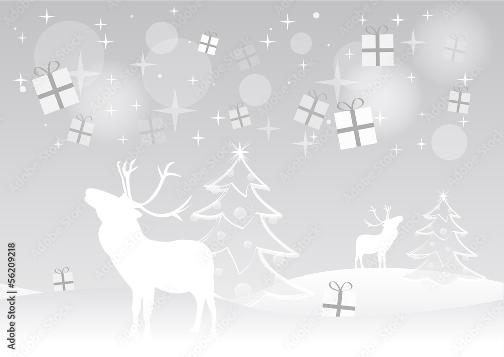 Noël - Rennes et cadeaux qui tombent du ciel - fond gris