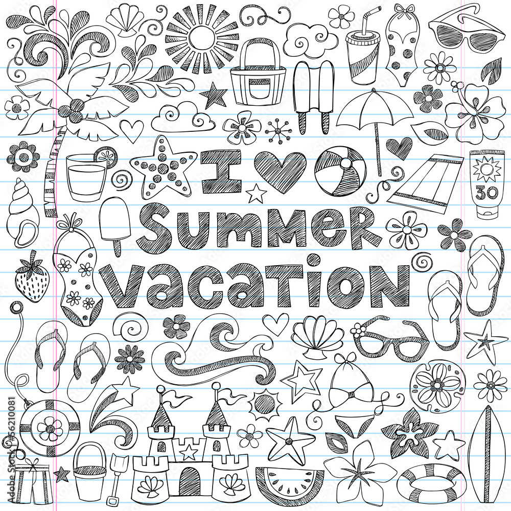 Obraz premium I Love Summer Vacation Tropical Hawaiian Doodles Vector