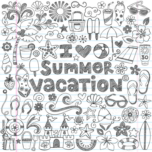 I Love Summer Vacation Tropical Hawaiian Doodles Vector
