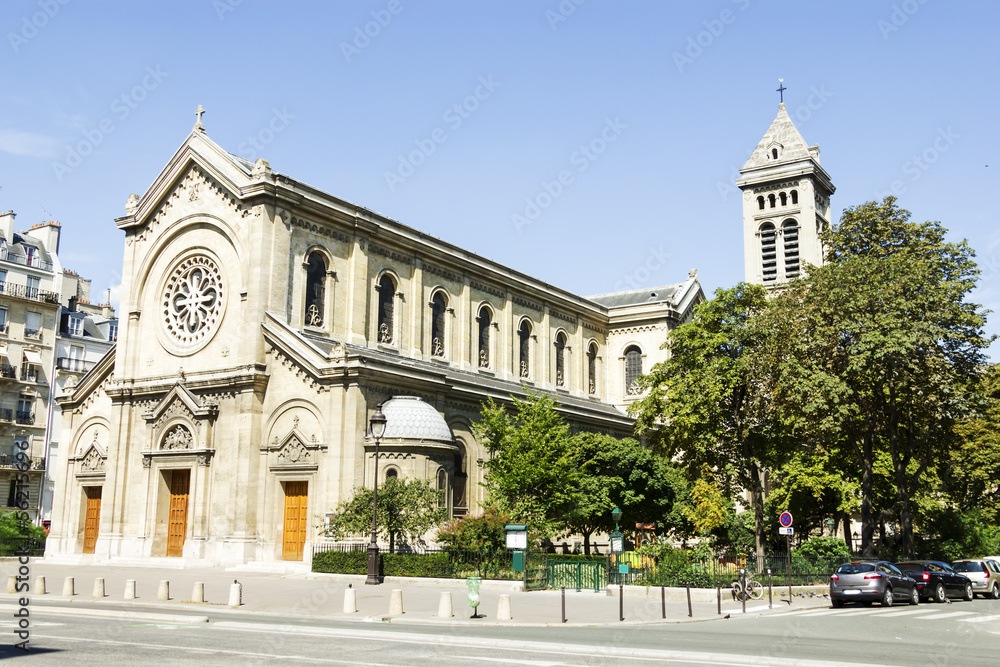 Facade of a cathedral  in Paris, France