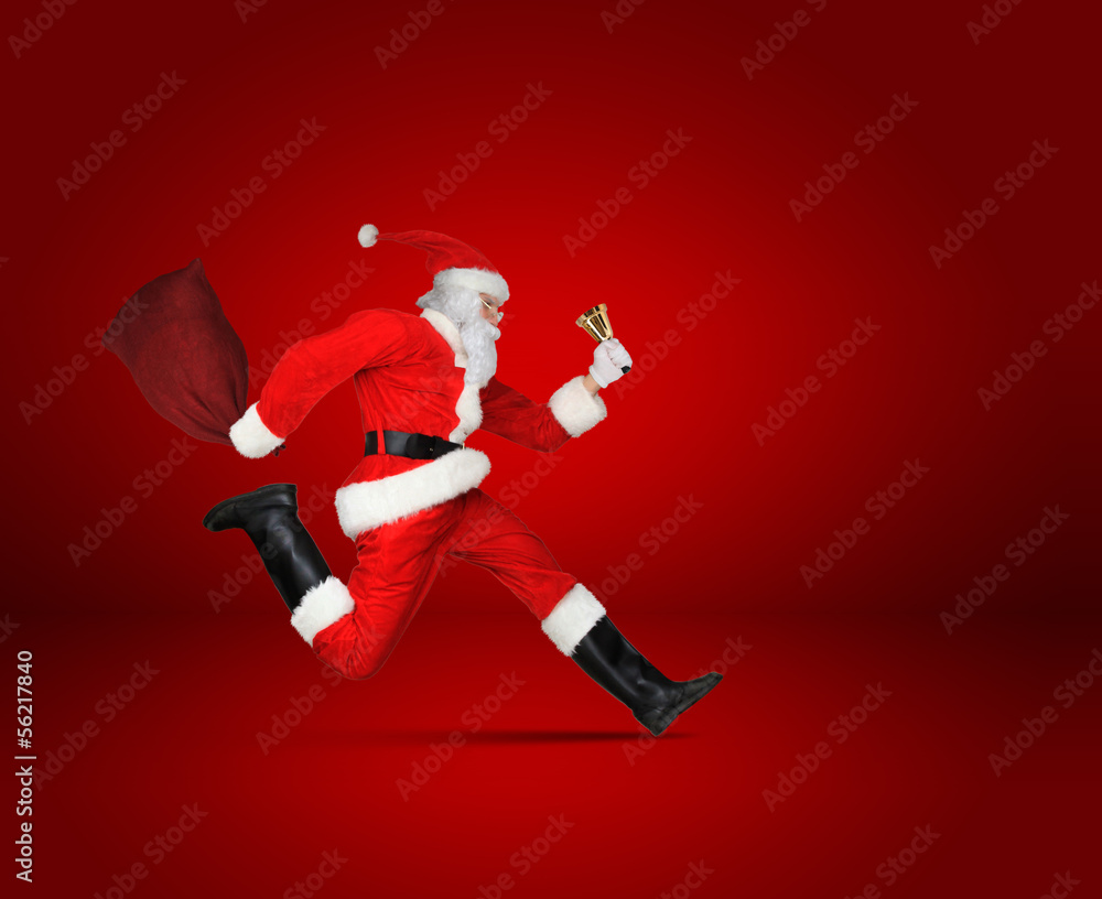Santa mit Weihnachtsglocke und vollem Sack Geschenke Santa mit Weihnachtsglocke und vollem Sack Geschenke