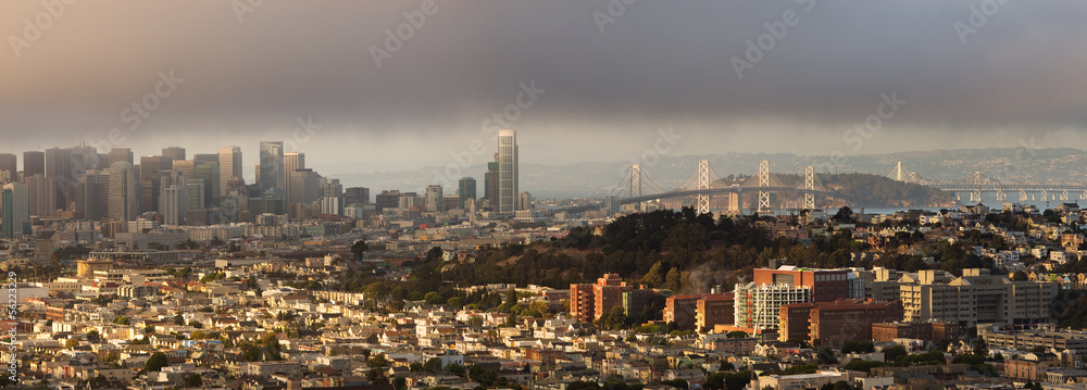 San Francisco and Bay Bridge Panorama on Foggy Summer Afternoon