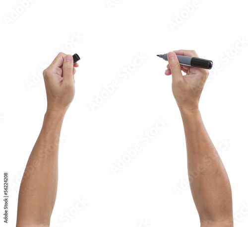 man's hand with black pen isolated on white background