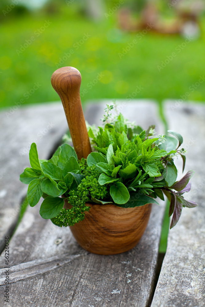 fresh herbs in a wooden mortar