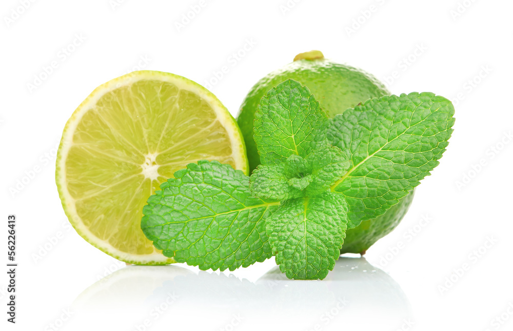 Obraz Limes and mint isolated on white background