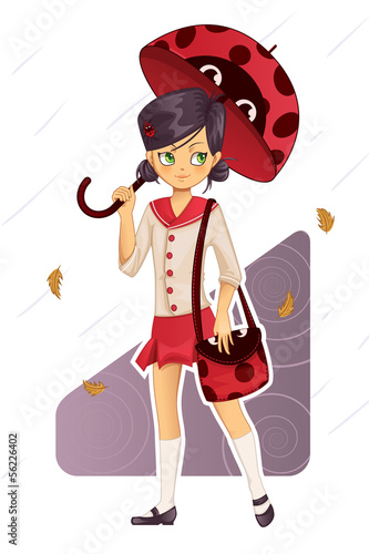 Wallpaper Mural School girl in uniform with ladybug umbrella and bag Torontodigital.ca