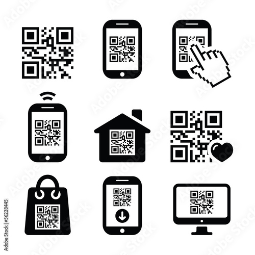 QR code on mobile or cell phone icons set
