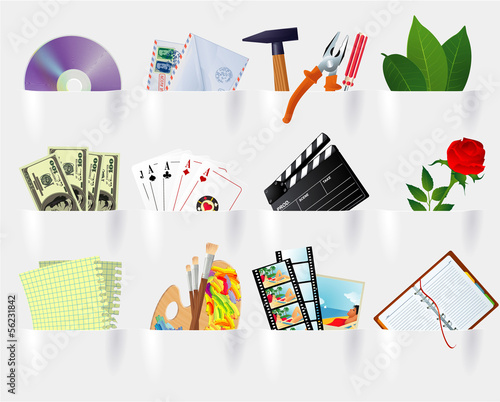 Paper pockets multimedia and web icon set. Vector.