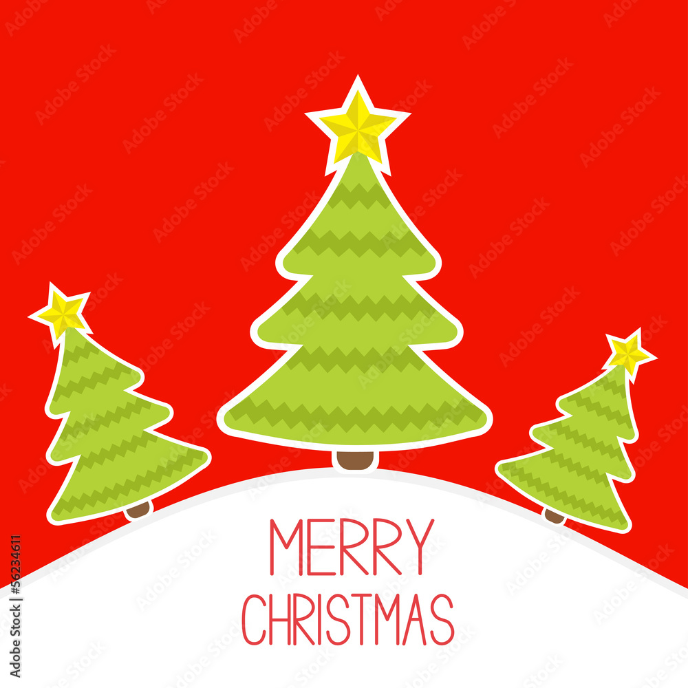 Three Christmas trees a snowy hill. Merry Christmas card. Three Christmas trees a snowy hill. Merry Christmas card.