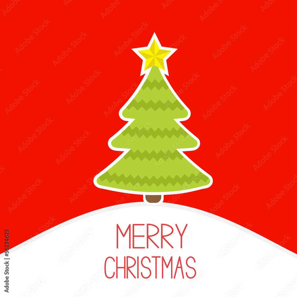 Christmas tree on a snowy hill. Merry Christmas card. Christmas tree on a snowy hill. Merry Christmas card.