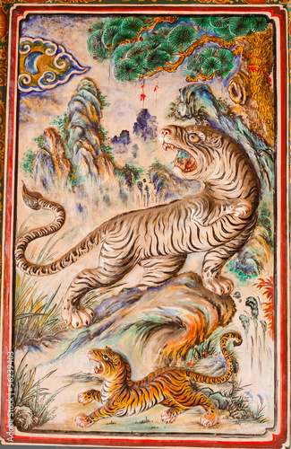 Ancient tigers design on wall background in chinese temple at Ph