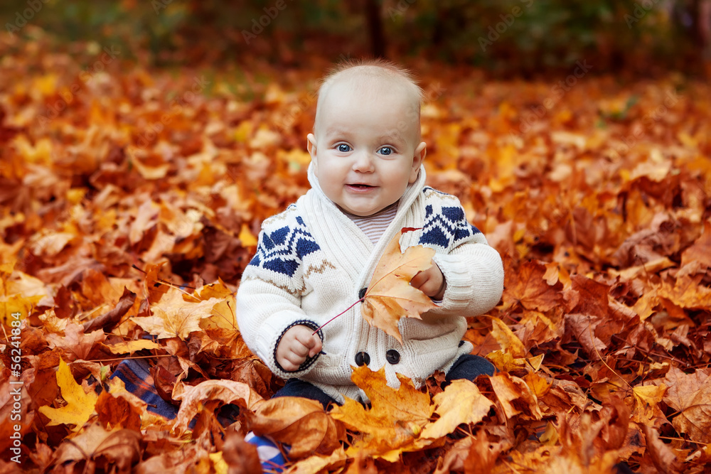 Child in knitted sweater sits in autumn park Child in knitted sweater sits in autumn park